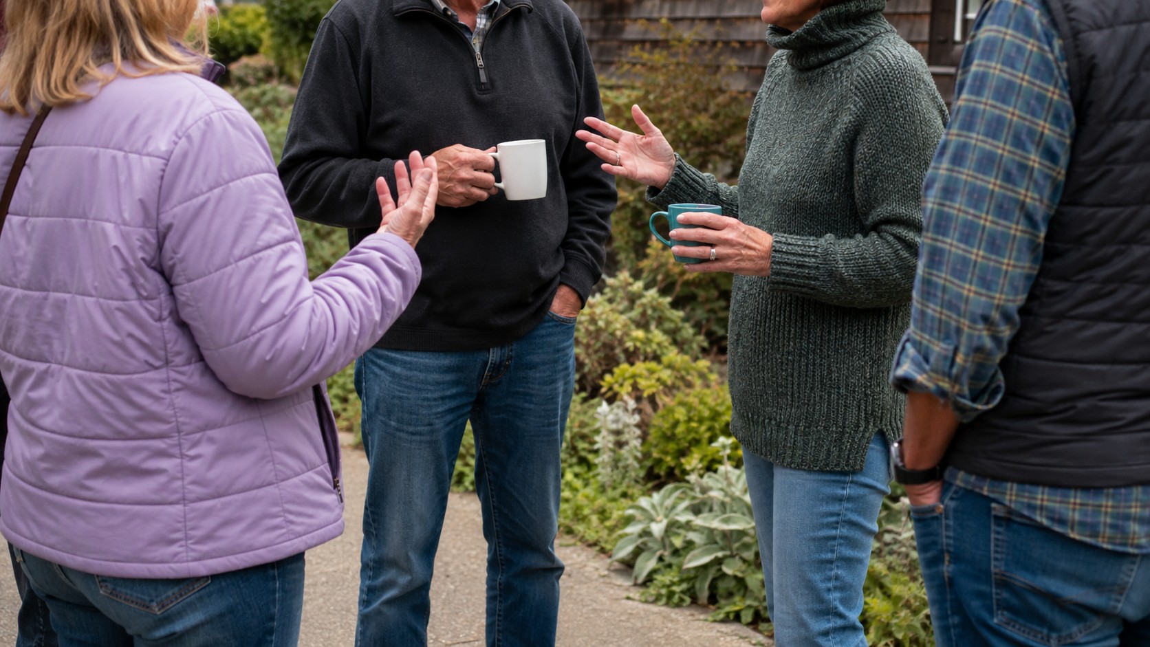 Small group of residents talking together outdoors in a Half Moon Bay garden setting